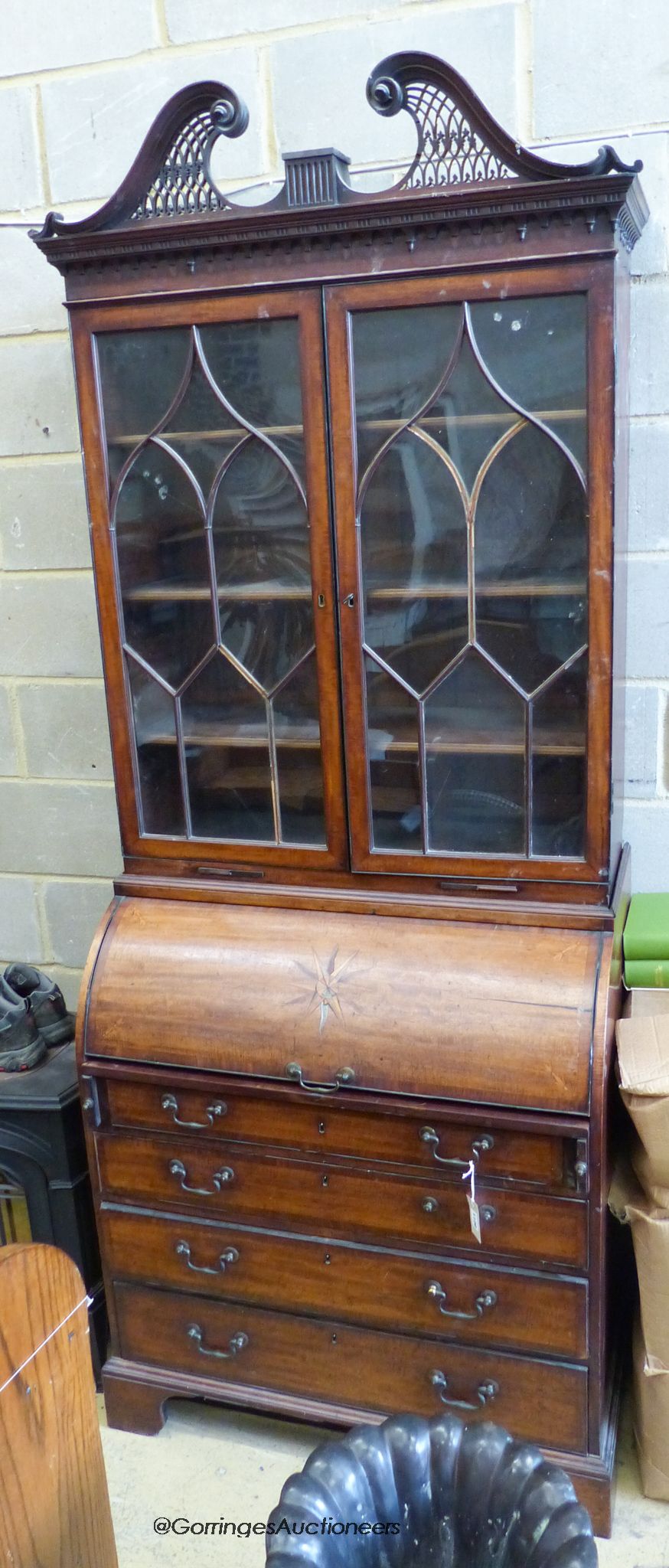 A George III inlaid mahogany cylinder bureau bookcase, W-91cm, D-56cm, H-234cm.